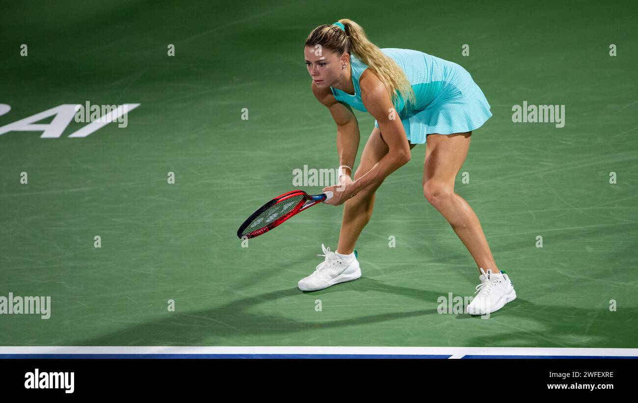 Petra Kvitova of The Czech Republic vs Camila Giorgi of Italy during their Singles Round 1 match as part of the Dubai Duty Free Tennis Championships WTA 500 on February 14, 2022 in Dubai, United Arab Emirates. Photo by Victor Fraile / Power Sport Images Stock Photo