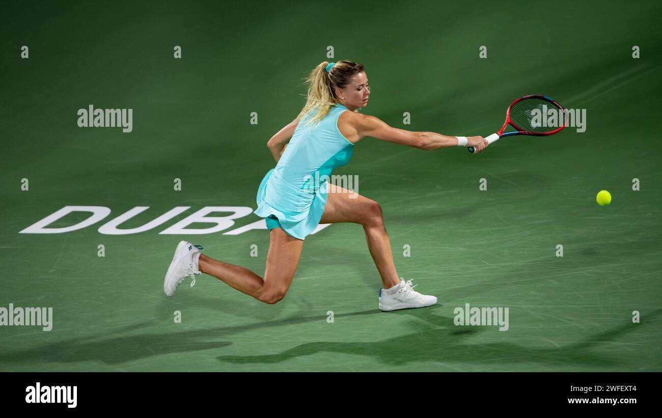 Petra Kvitova of The Czech Republic vs Camila Giorgi of Italy during their Singles Round 1 match as part of the Dubai Duty Free Tennis Championships WTA 500 on February 14, 2022 in Dubai, United Arab Emirates. Photo by Victor Fraile / Power Sport Images Stock Photo