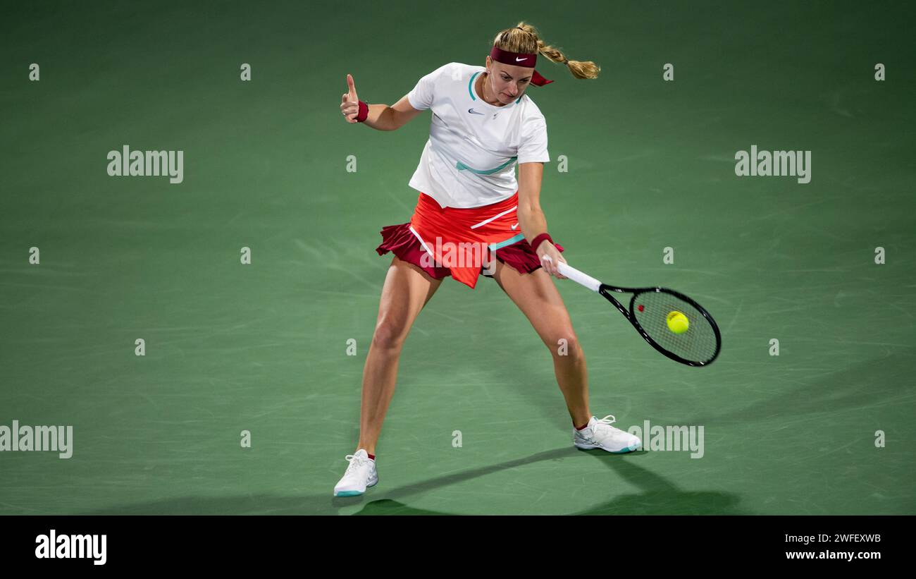 Petra Kvitova of The Czech Republic vs Camila Giorgi of Italy during their Singles Round 1 match as part of the Dubai Duty Free Tennis Championships WTA 500 on February 14, 2022 in Dubai, United Arab Emirates. Photo by Victor Fraile / Power Sport Images Stock Photo