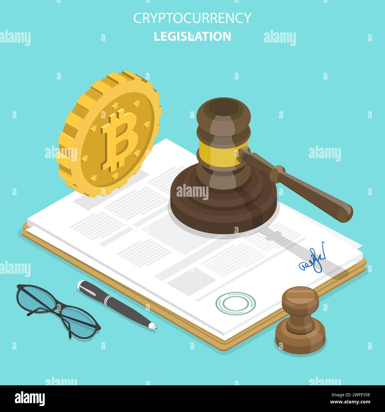 Cryptocurrency legislation flat isometric vector concept. Signed document with bitcoin and gavel on it. Stock Vector