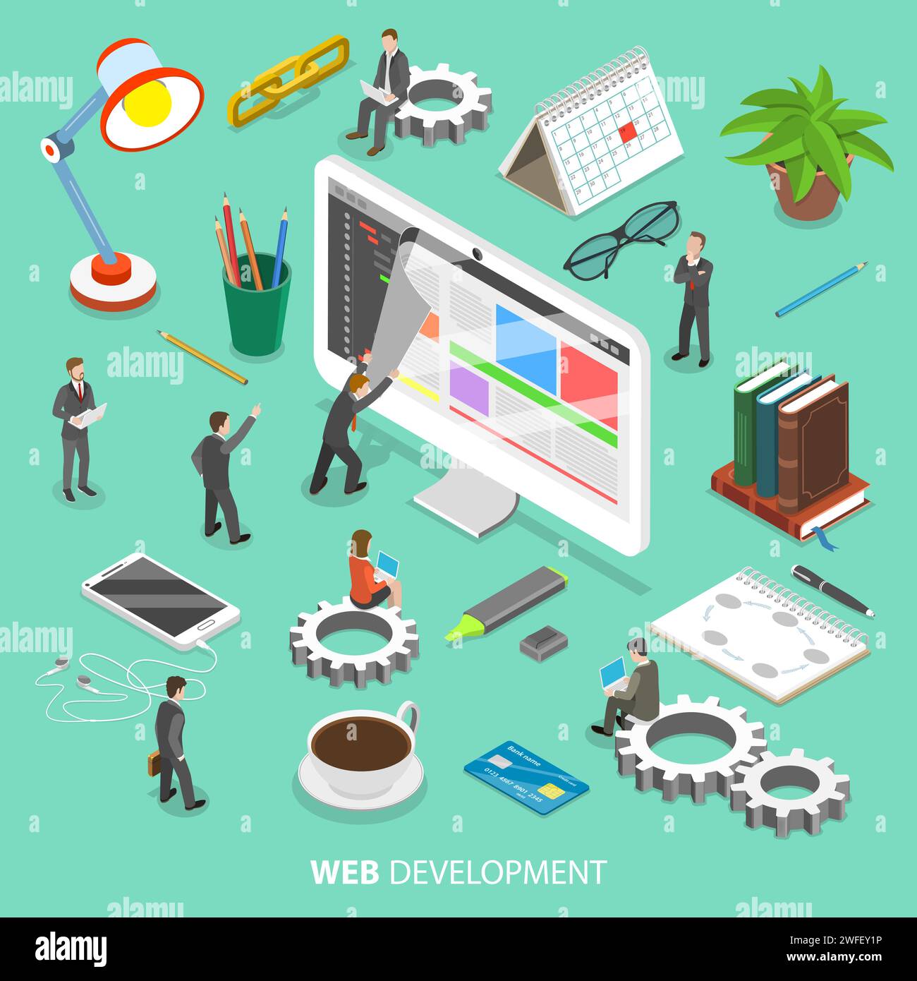 Web development flat isometric vector concept. People are taking off ...