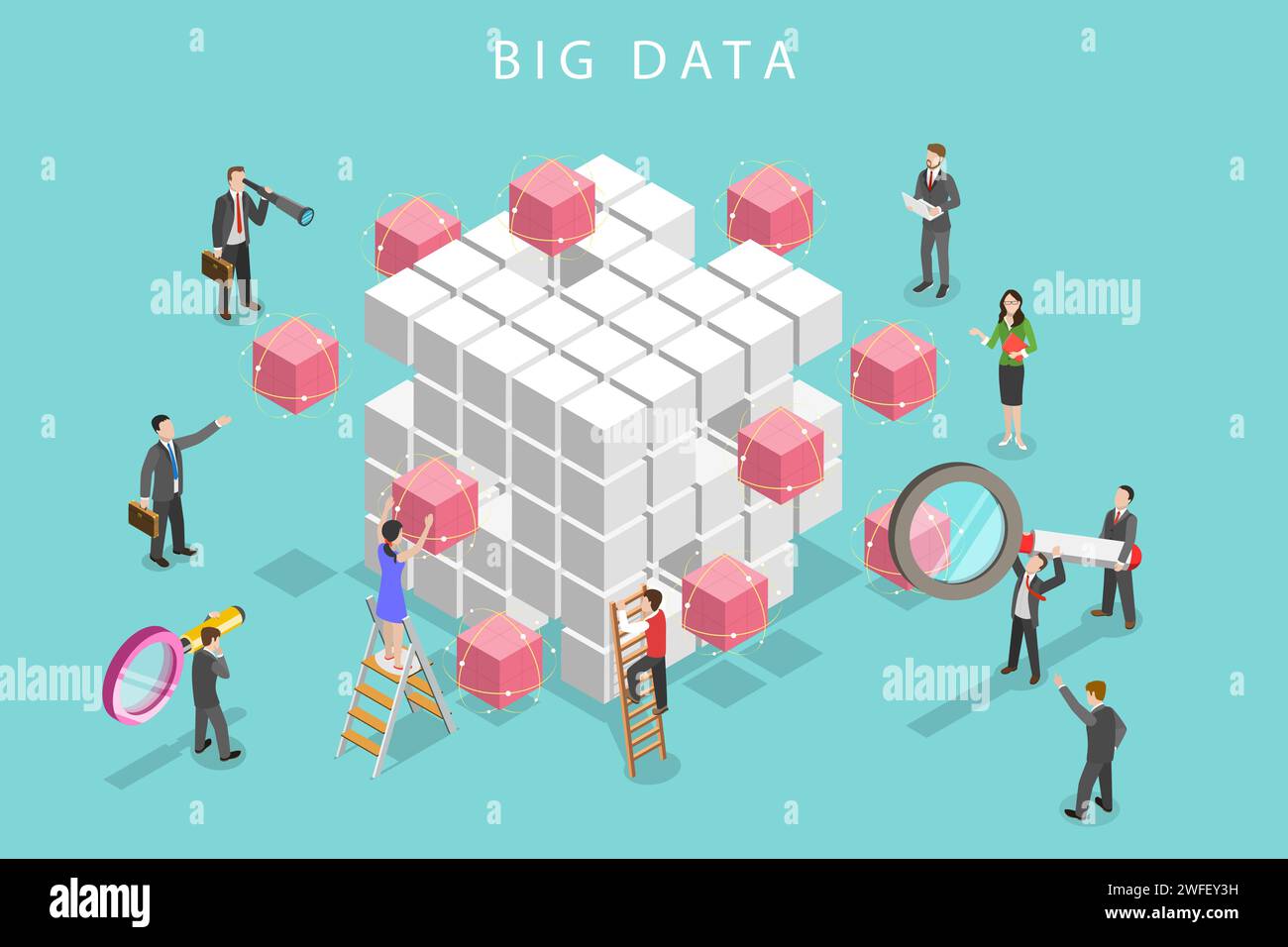 Flat isometric vector concept of big data analysis, database research, advanced analytics. Stock Vector