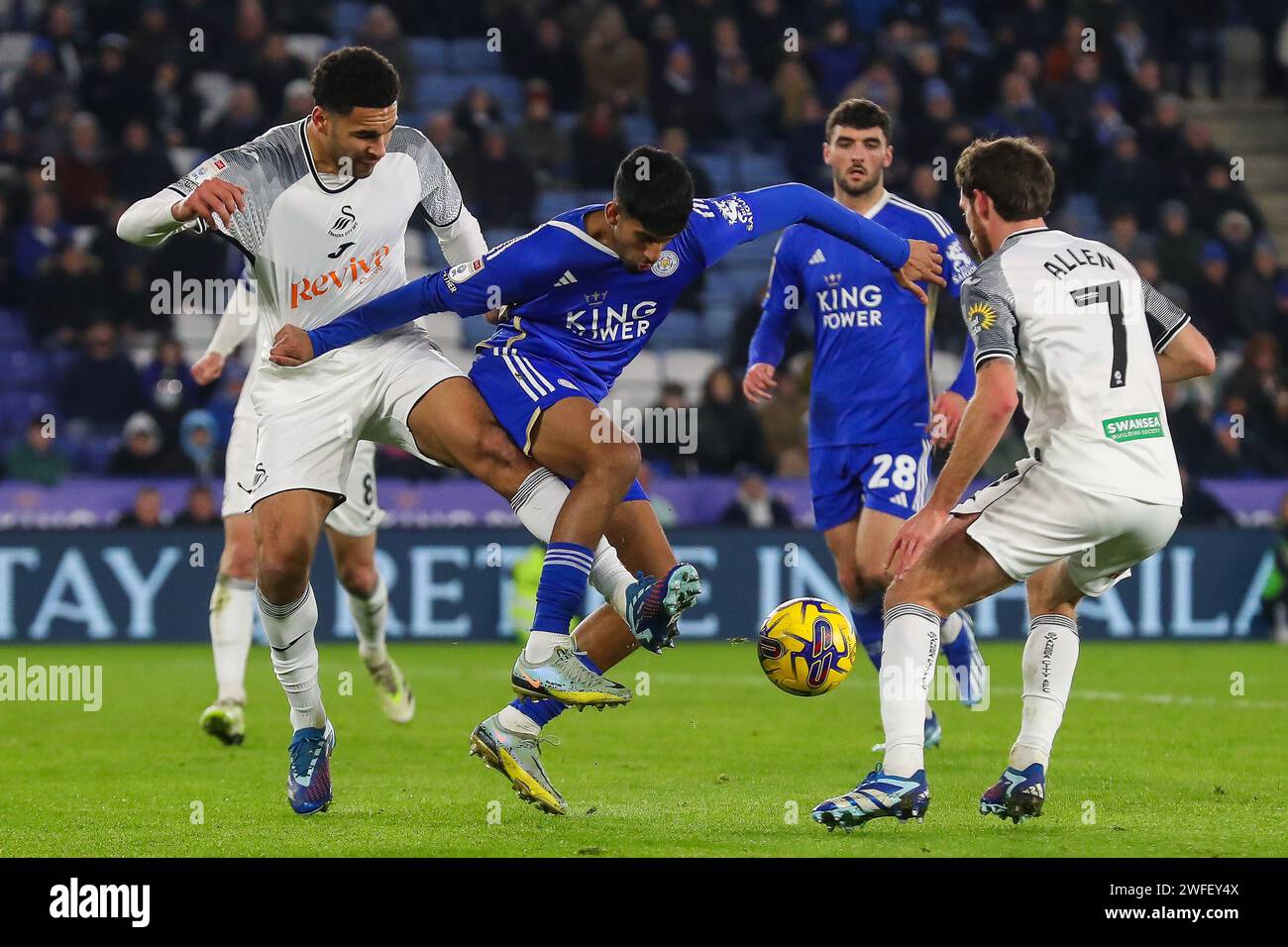 Ben Cabango of Swansea City and Arjan Raikhy of Leicester City battle for the ball during the Sky Bet Championship match Leicester City vs Swansea City at King Power Stadium, Leicester, United Kingdom, 30th January 2024 (Photo by Gareth Evans/News Images) in, on 1/30/2024. (Photo by Gareth Evans/News Images/Sipa USA) Credit: Sipa USA/Alamy Live News Stock Photo