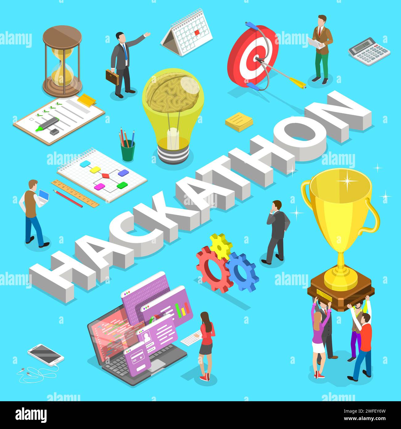 Isometric flat vector concept of hackathon, hack marathon coding event, app and software development. Stock Vector
