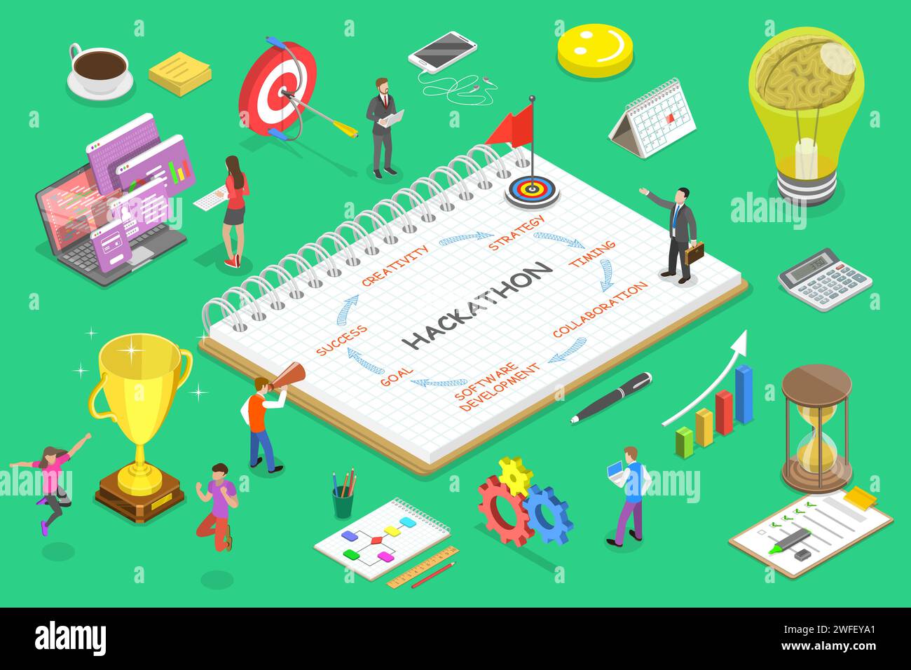 Isometric flat vector concept of parts of hackathon which are creativity, strategy, timing, collaboration, software development, goal, success. Stock Vector