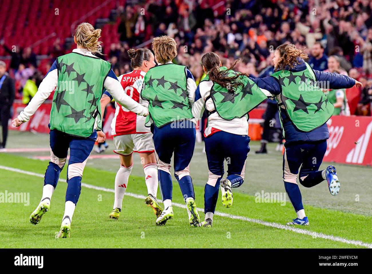 Amsterdam-Duivendrecht, Netherlands. 30th Jan, 2024. AMSTERDAM-DUIVENDRECHT, NETHERLANDS - JANUARY 30: Jonna van de Velde of AFC Ajax, Lily Yohannes of AFC Ajax celebrates after scoring her teams second goal during the UEFA Women's Champions League - Group C match between AFC Ajax and AS Roma at Sportpark De Toekomst on January 30, 2024 in Amsterdam-Duivendrecht, Netherlands. (Photo by Jan Mulder/Orange Pictures) Credit: dpa/Alamy Live News Stock Photo