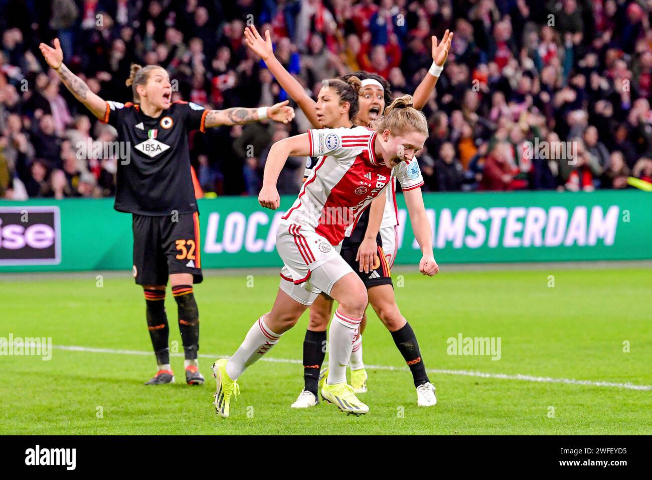 Amsterdam-Duivendrecht, Netherlands. 30th Jan, 2024. AMSTERDAM-DUIVENDRECHT, NETHERLANDS - JANUARY 30: Jonna van de Velde of AFC Ajax celebrating goal, Elena Linari of AS Roma, Oihane Valdezate of AS Roma protesting during the UEFA Women's Champions League - Group C match between AFC Ajax and AS Roma at Sportpark De Toekomst on January 30, 2024 in Amsterdam-Duivendrecht, Netherlands. (Photo by Jan Mulder/Orange Pictures) Credit: dpa/Alamy Live News Stock Photo