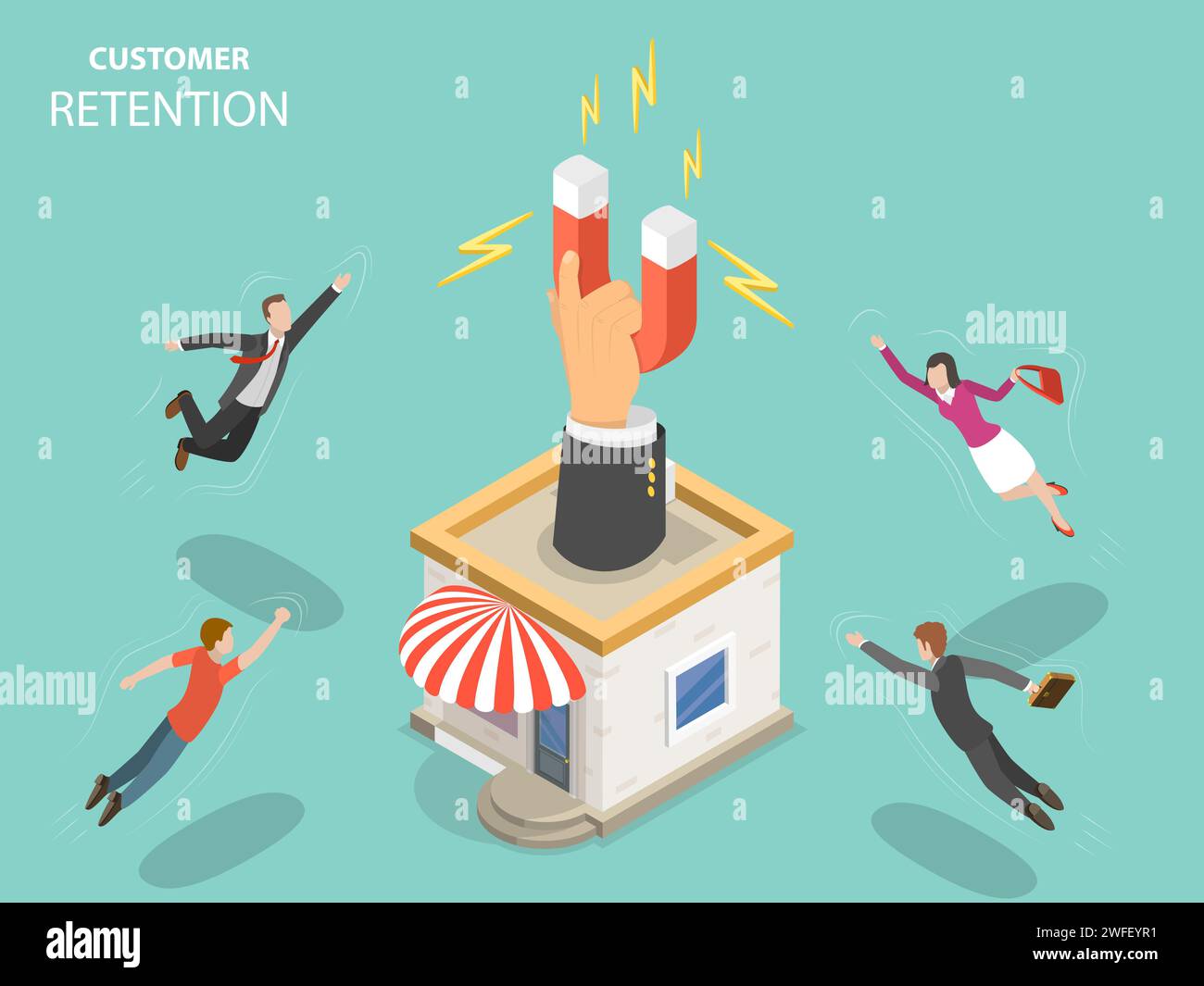 Customer retention flat isometric vector concept. Hand with magnet has ...