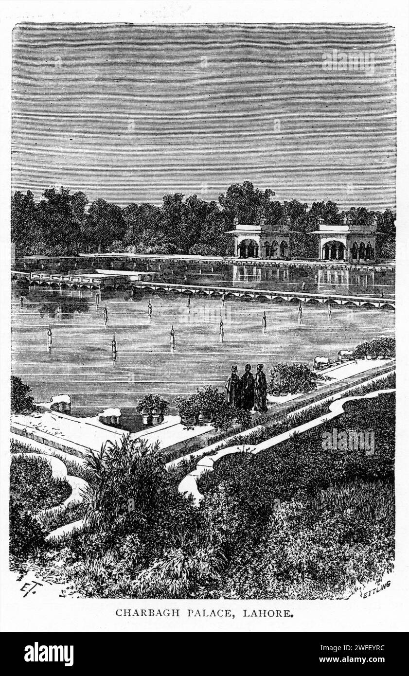 Engraving of The Shalamar Gardens, a Mughal garden complex  in Lahore, Punjab, Pakistan. The gardens date from the period when the Mughal Empire was at its artistic and aesthetic zenith, and are now one of Pakistan's most popular tourist destinations., published circa 1900 Stock Photo