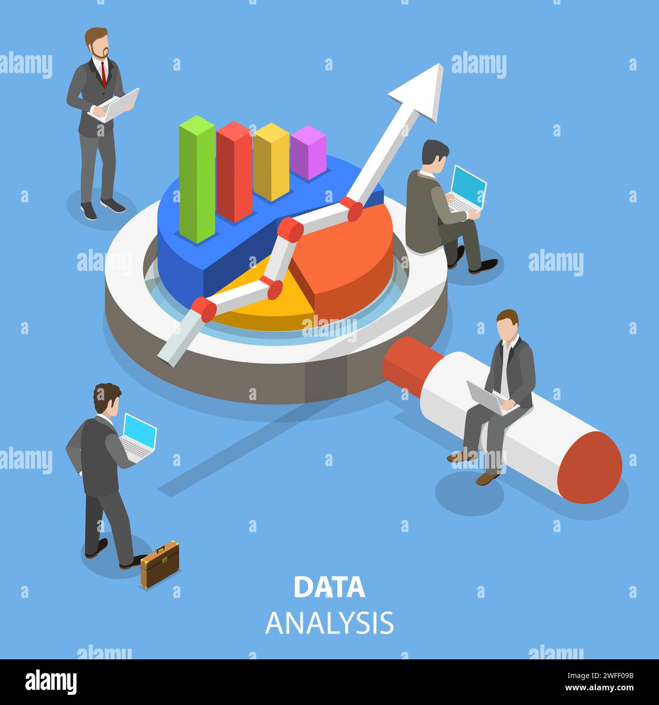 Data analysis flat isometric vector concept. A business team is investigating some information with around the huge magnifying glass and some kinds of Stock Vector
