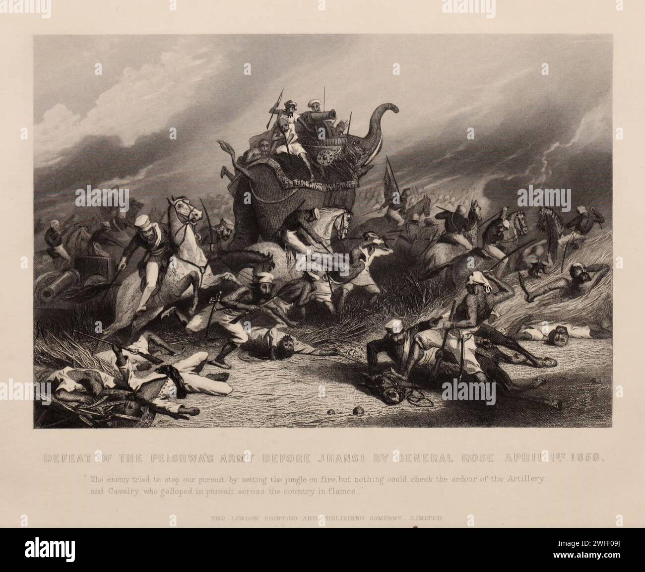engraving of the defeat of the Peshwa's army before Jhansi by General Rose, April 1, 1858 an action inspired by Siege of Cawnpore in the 1857 Indian rebellion. Stock Photo