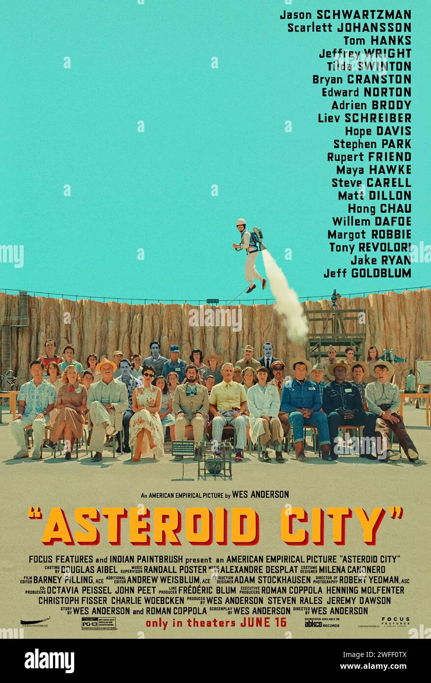 Asteroid City (2023) directed by Wes Anderson and starring Jason Schwartzman, Scarlett Johansson, Tom Hanks and Edward Norton. Following a writer on his world famous fictional play about a grieving father who travels with his tech-obsessed family to small rural Asteroid City to compete in a junior stargazing event, only to have his world view disrupted forever. US one sheet poster ***EDITORIAL USE ONLY***. Credit: BFA / Focus Features Stock Photo