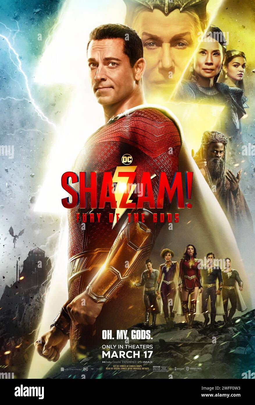 Shazam! Fury of the Gods (2023) directed by David F. Sandberg and starring Zachary Levi, Asher Angel and Jack Dylan Grazer. When a vengeful trio of ancient gods arrives on Earth in search of the magic stolen from them long ago, Shazam and his allies get thrust into a battle for their superpowers, their lives, and the fate of the world. US one sheet poster ***EDITORIAL USE ONLY***. Credit: BFA / Warner Bros Stock Photo