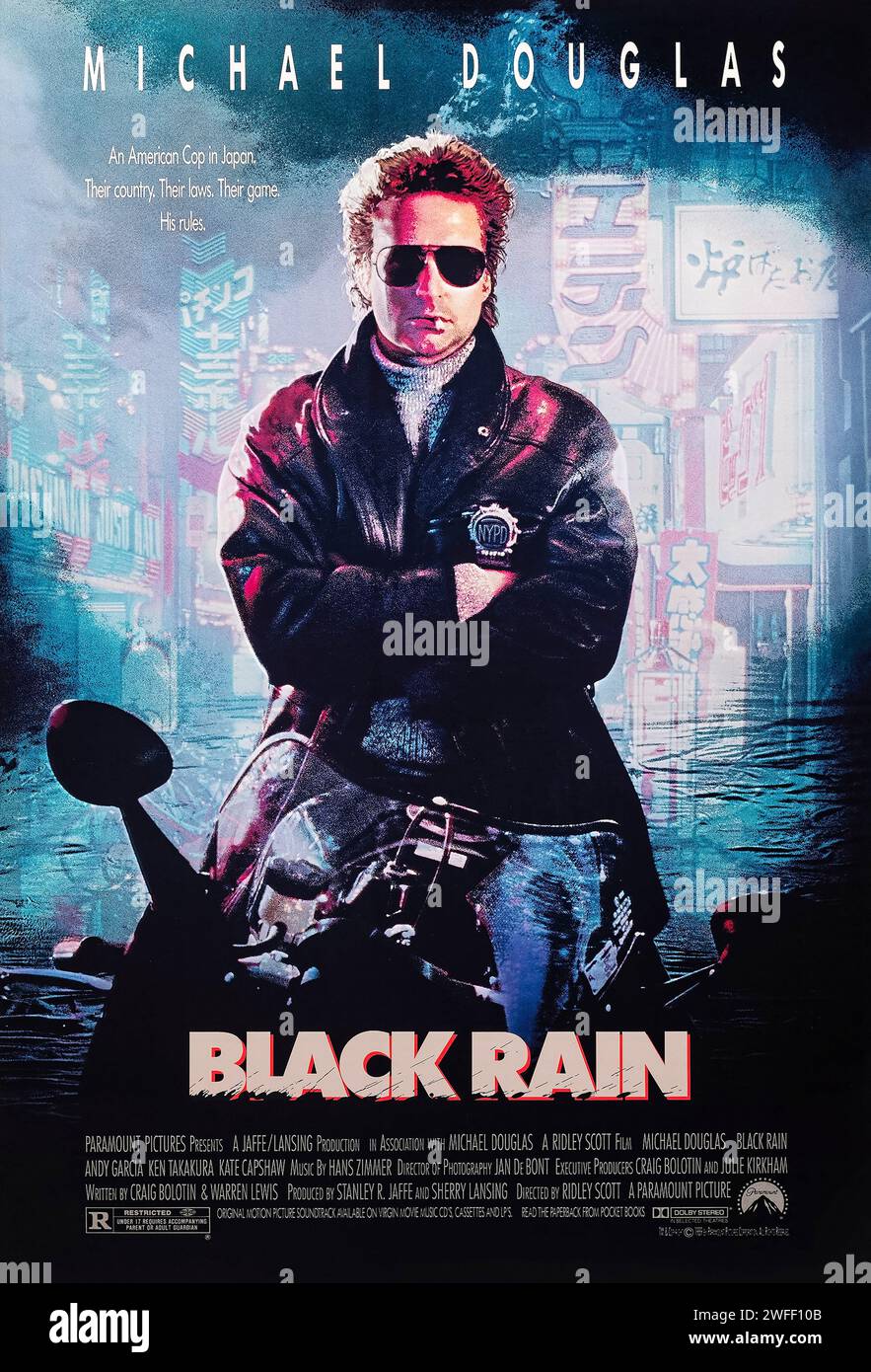 Black Rain (1989) directed by Ridley Scott and starring Michael Douglas, Andy Garcia and Ken Takakura. Two NYC cops arrest a Yakuza member and must escort him when he's extradited to Japan. Photograph of an original 1989 US one sheet poster. ***EDITORIAL USE ONLY*** Credit: BFA / Paramount Pictures Stock Photo