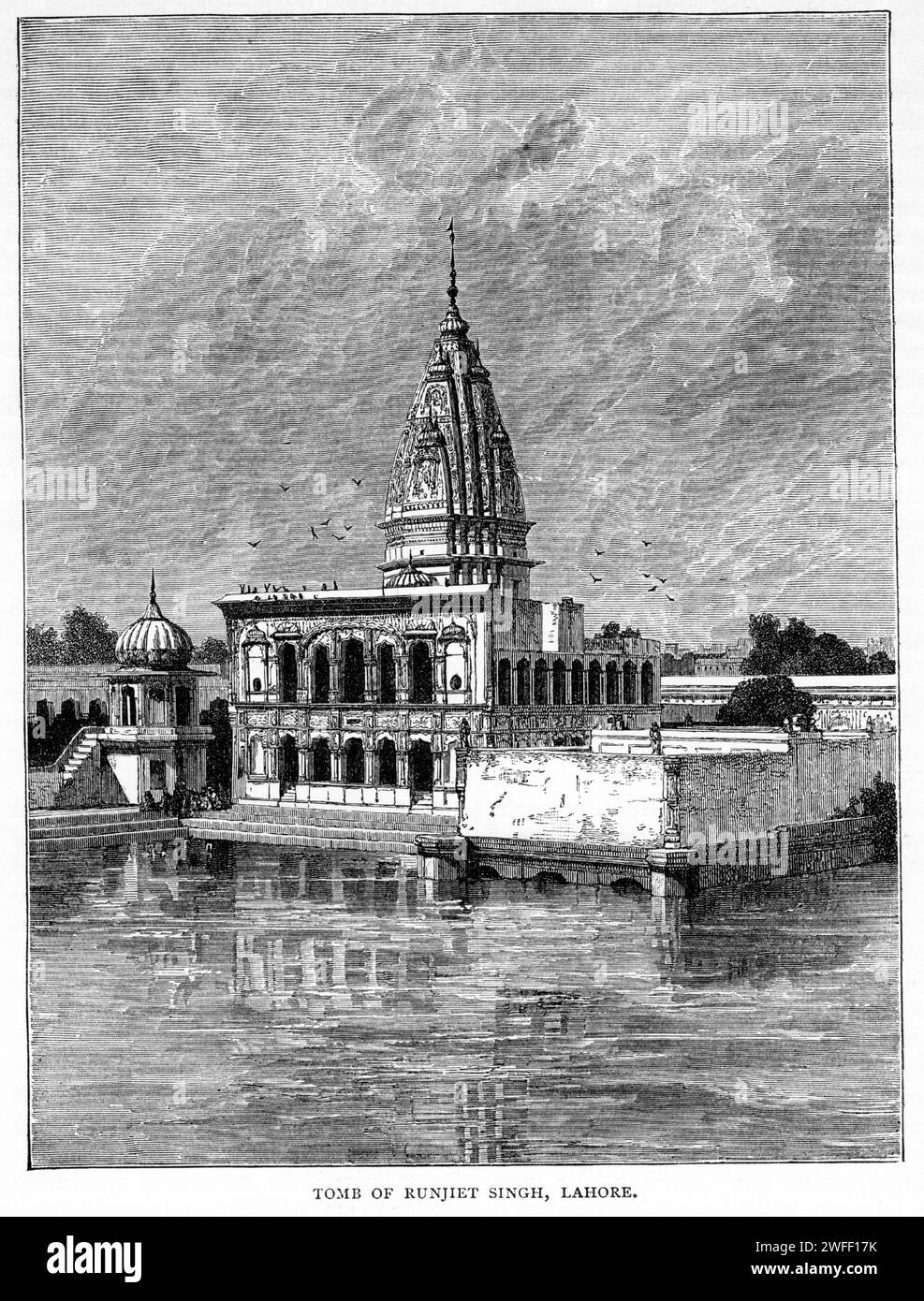 Engraving of The Samadhi of Ranjit Singh, a 19th-century building in Lahore, Pakistan that houses the funerary urns of the Sikh Maharaja Ranjit Singh (1780 – 1839). It is located adjacent the Lahore Fort and Badshahi Mosque, as well as the Gurdwara Dera Sahib, published circa 1900 Stock Photo