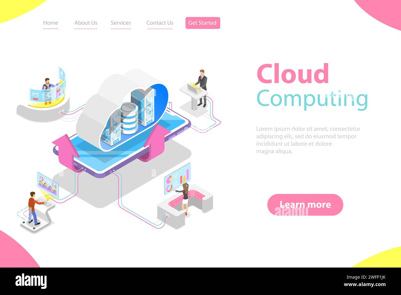 Isometric flat vector landing page template of cloud computing technology, data storage and hosting, big data. Stock Vector
