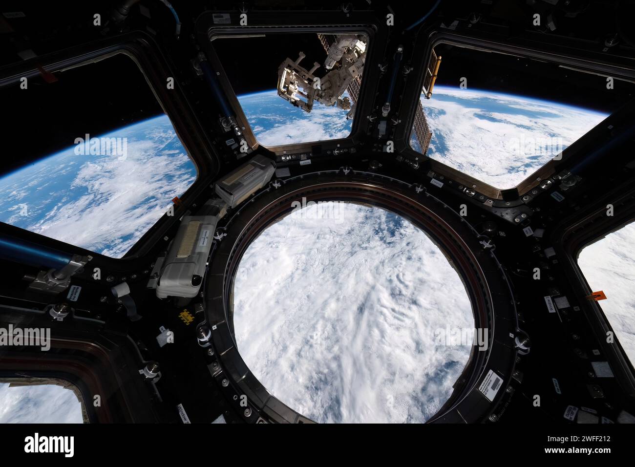 Planet Earth framed in the ISS cupola, New Zealand Stock Photo