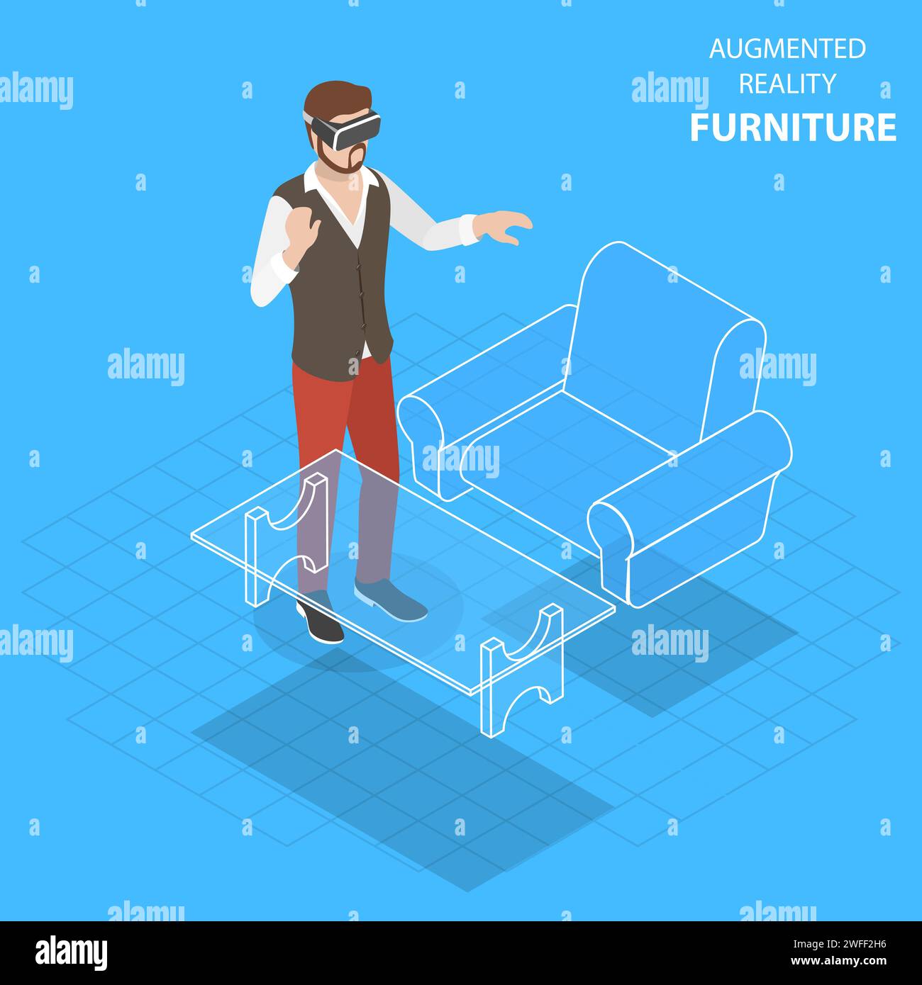 Flat isometric vector concept of augmented reality, virtual furniture. Stock Vector