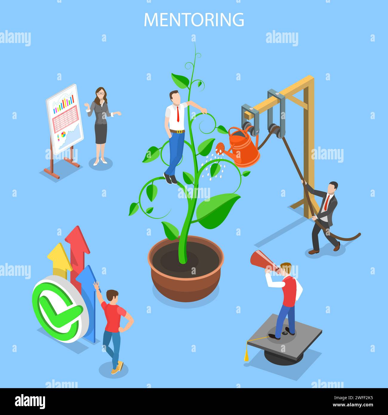 Isometric flat vector concept of mentoring, guide to reach a goal, skills improvement, self-development. Stock Vector