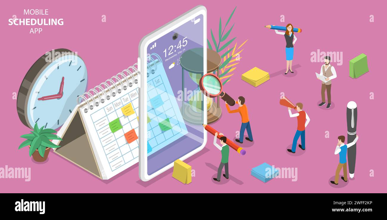 3D Isometric Flat Vector Concept of Online Scheduling App, Time Management Application. Stock Vector