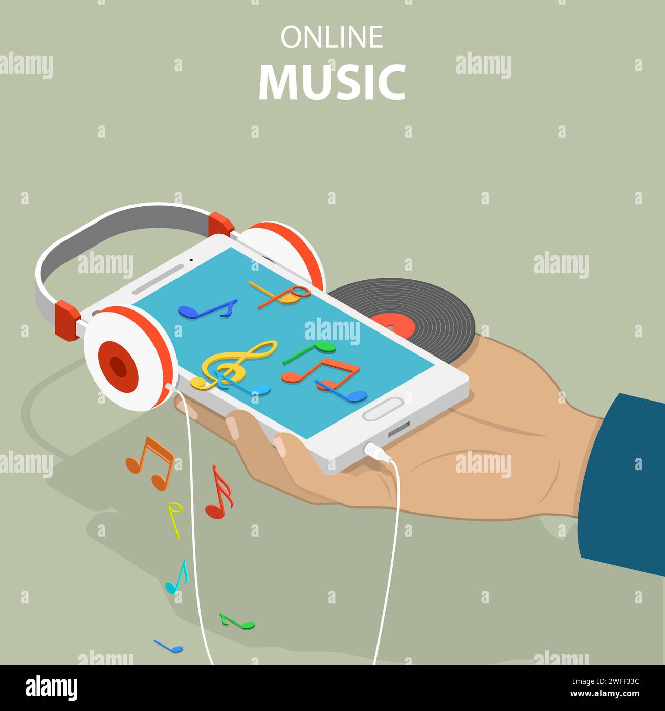 Isometric flat vector concept of mobile music, live player, online radio. Stock Vector