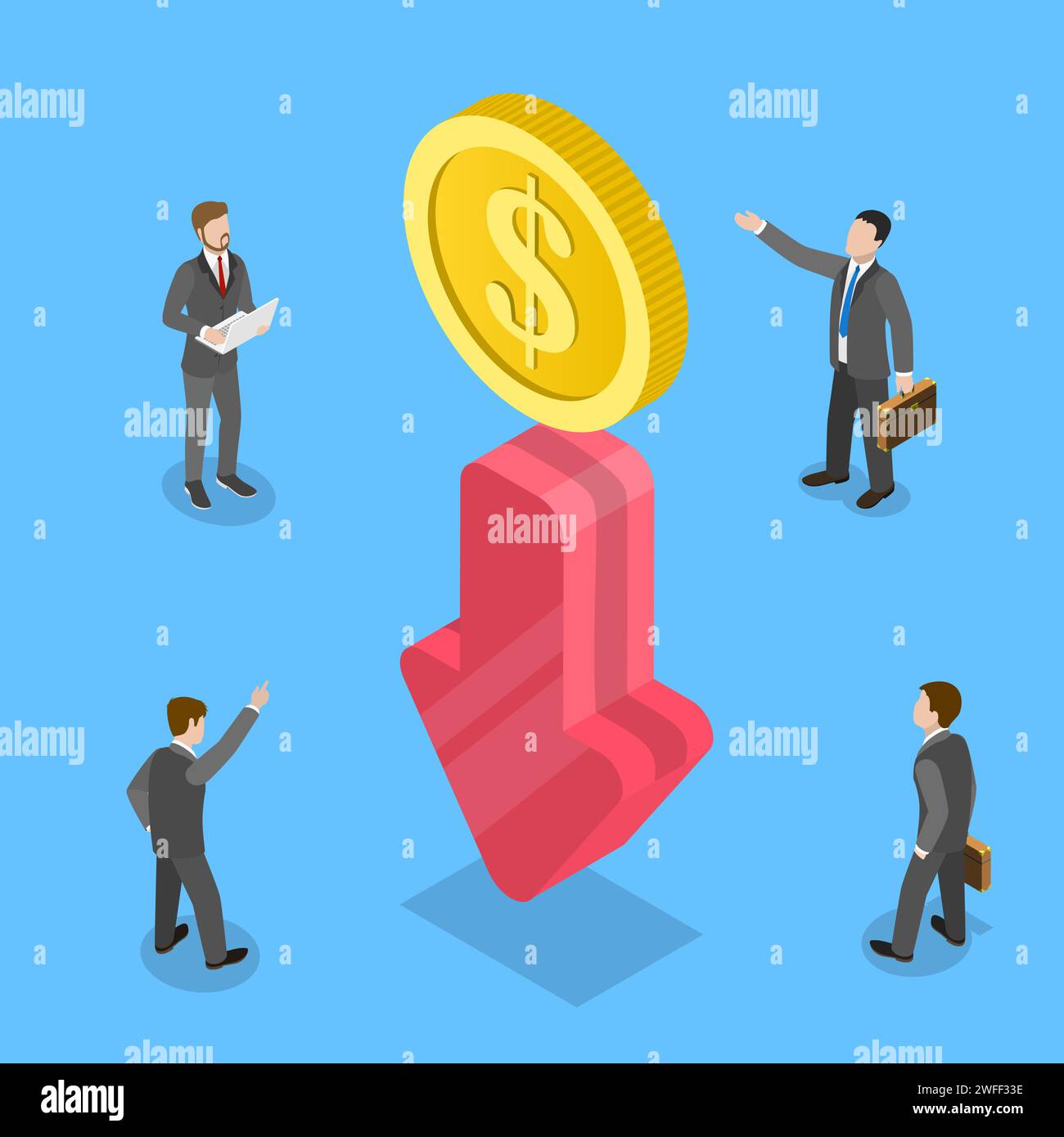 3D Isometric Flat Vector Concept of Financial Crisis, Cost Reduction, Dollar Rate Decrease, Price Minimising, Falling Rate of Profit, Economic Lockdow Stock Vector