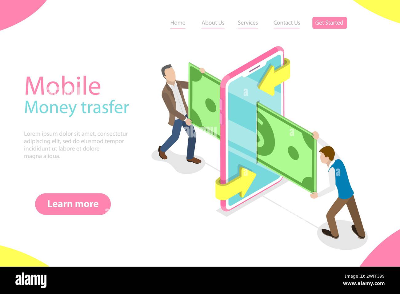 Isometric flat vector landing page template of mobile money transer ...