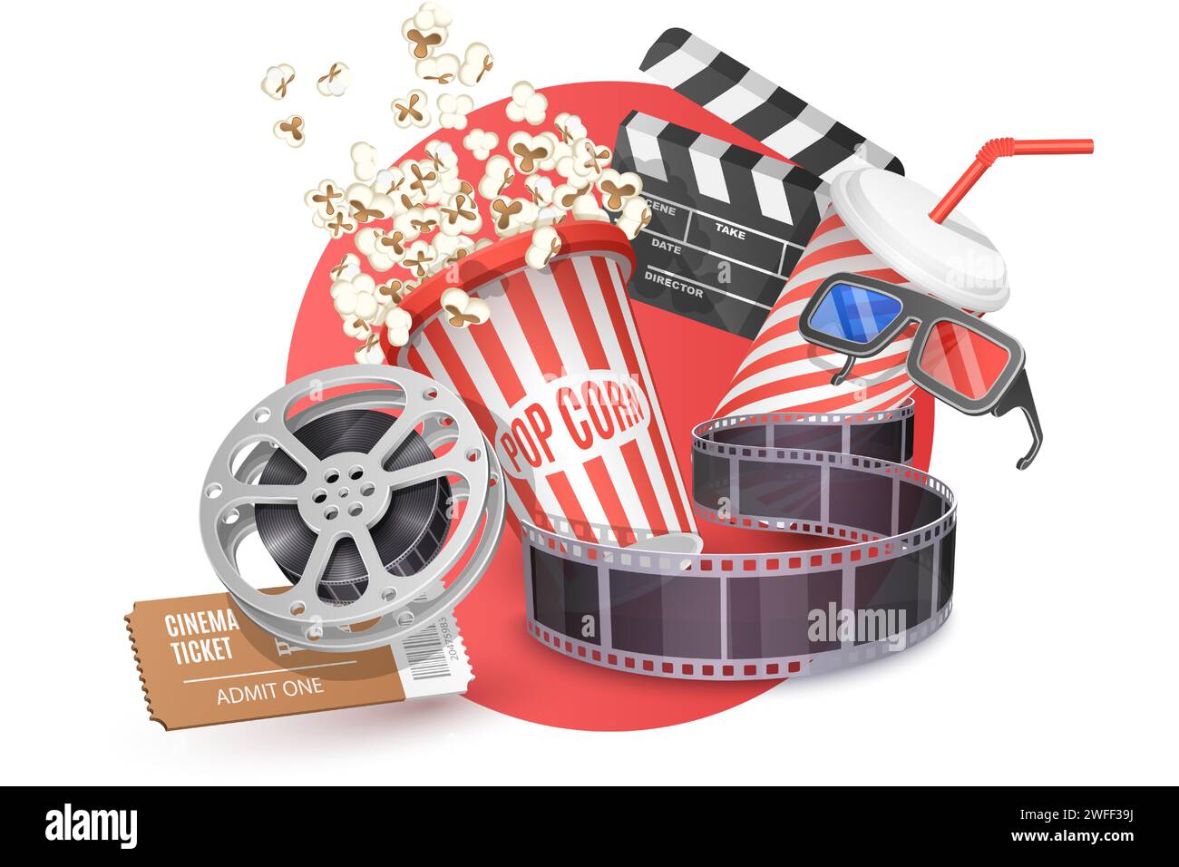 3D Vector Concept of Cinema Poster Composition with Popcorn