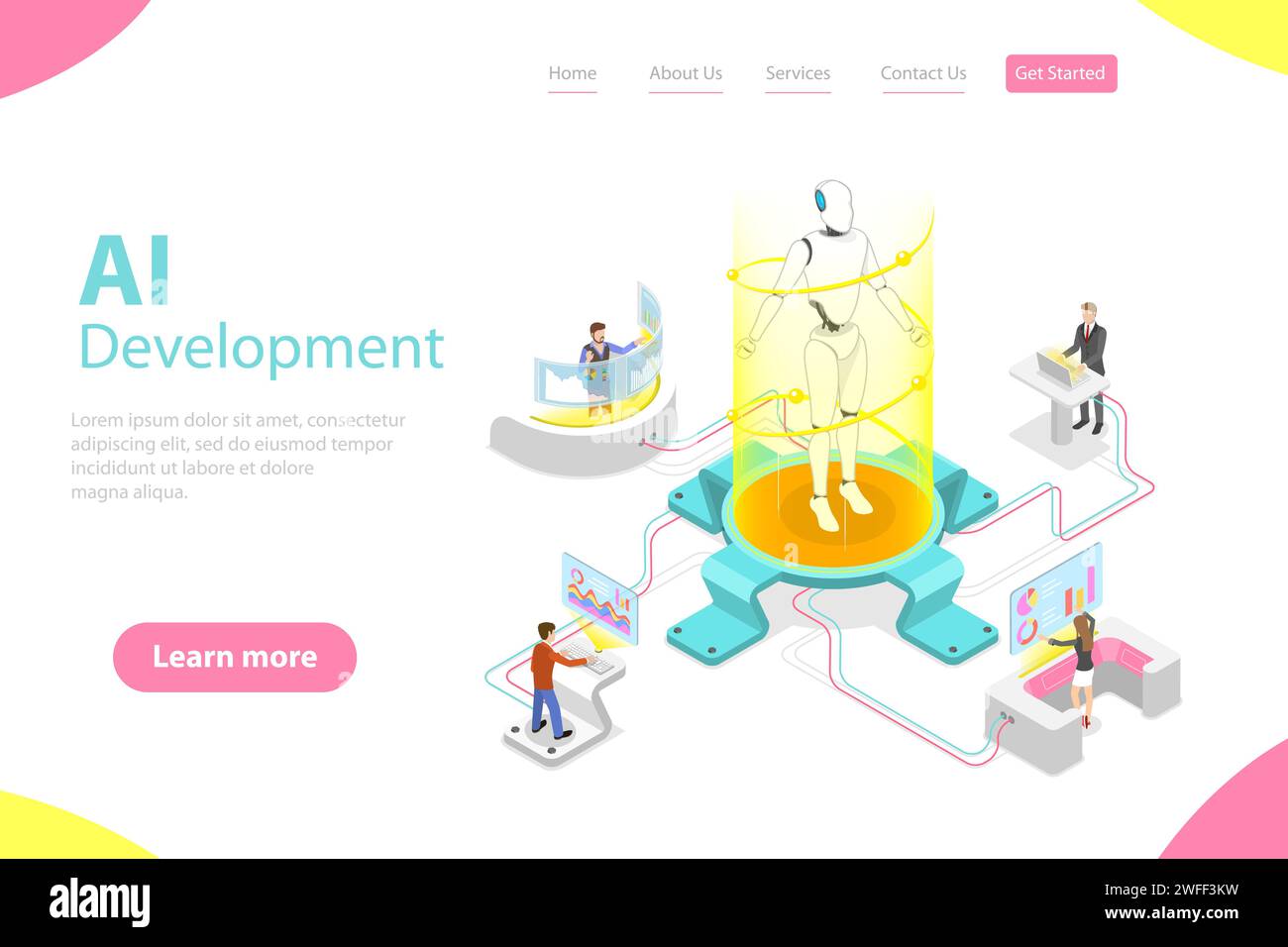 Flat isometric vector landing page template of AI development, robot ...