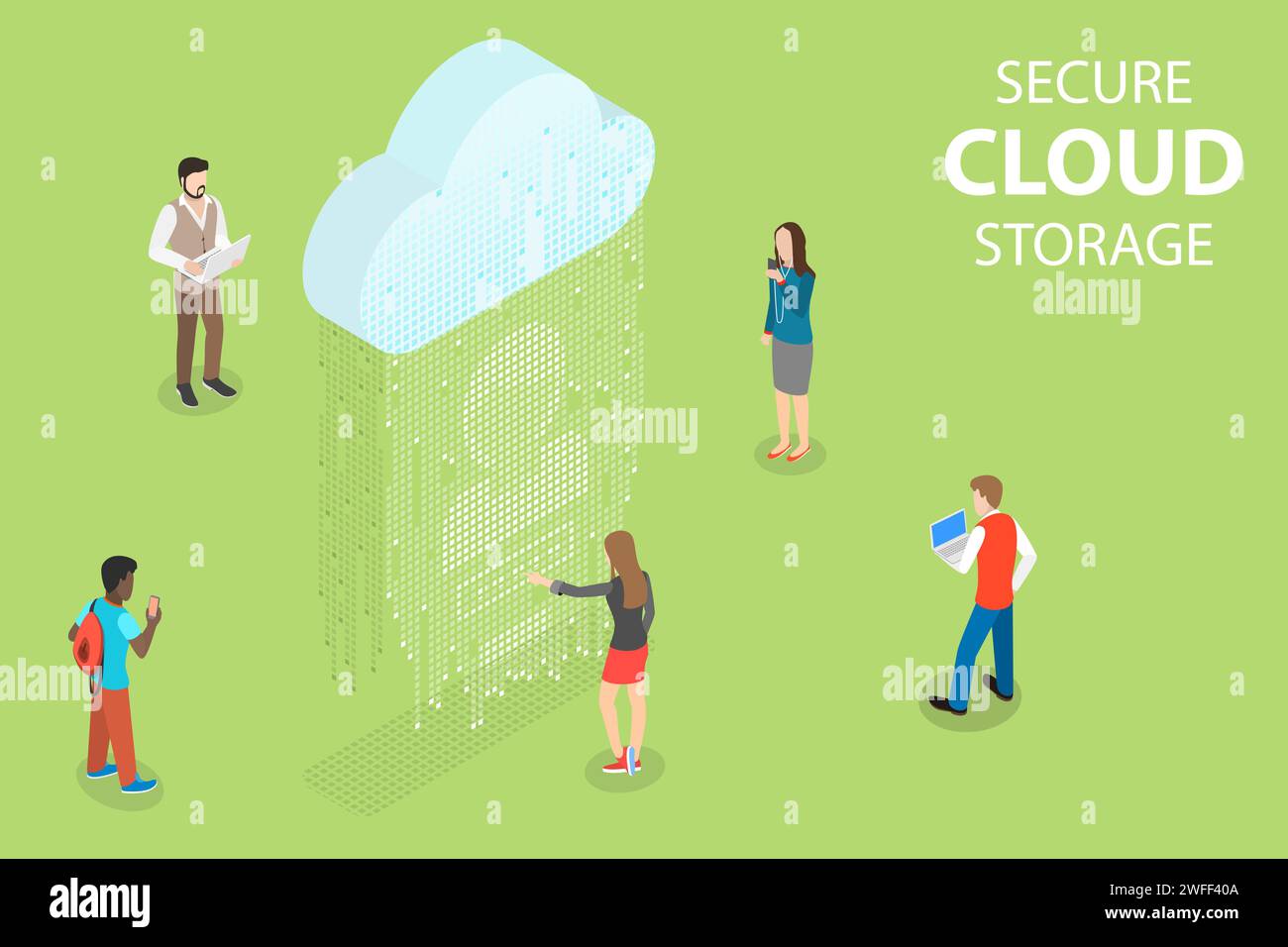 Flat isometric vector concept of secure cloud storage, big data, online computing service, mobile device sync. Stock Vector