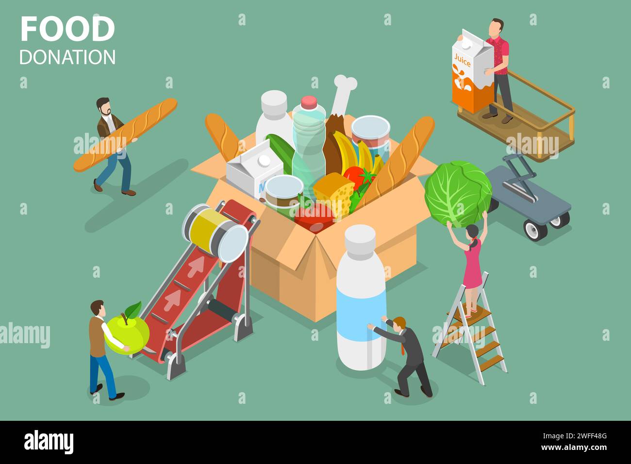 3D Isometric Flat Vector Conceptual Illustration of Food Donation, Poor People Support, Volunteering and Charity. Stock Vector
