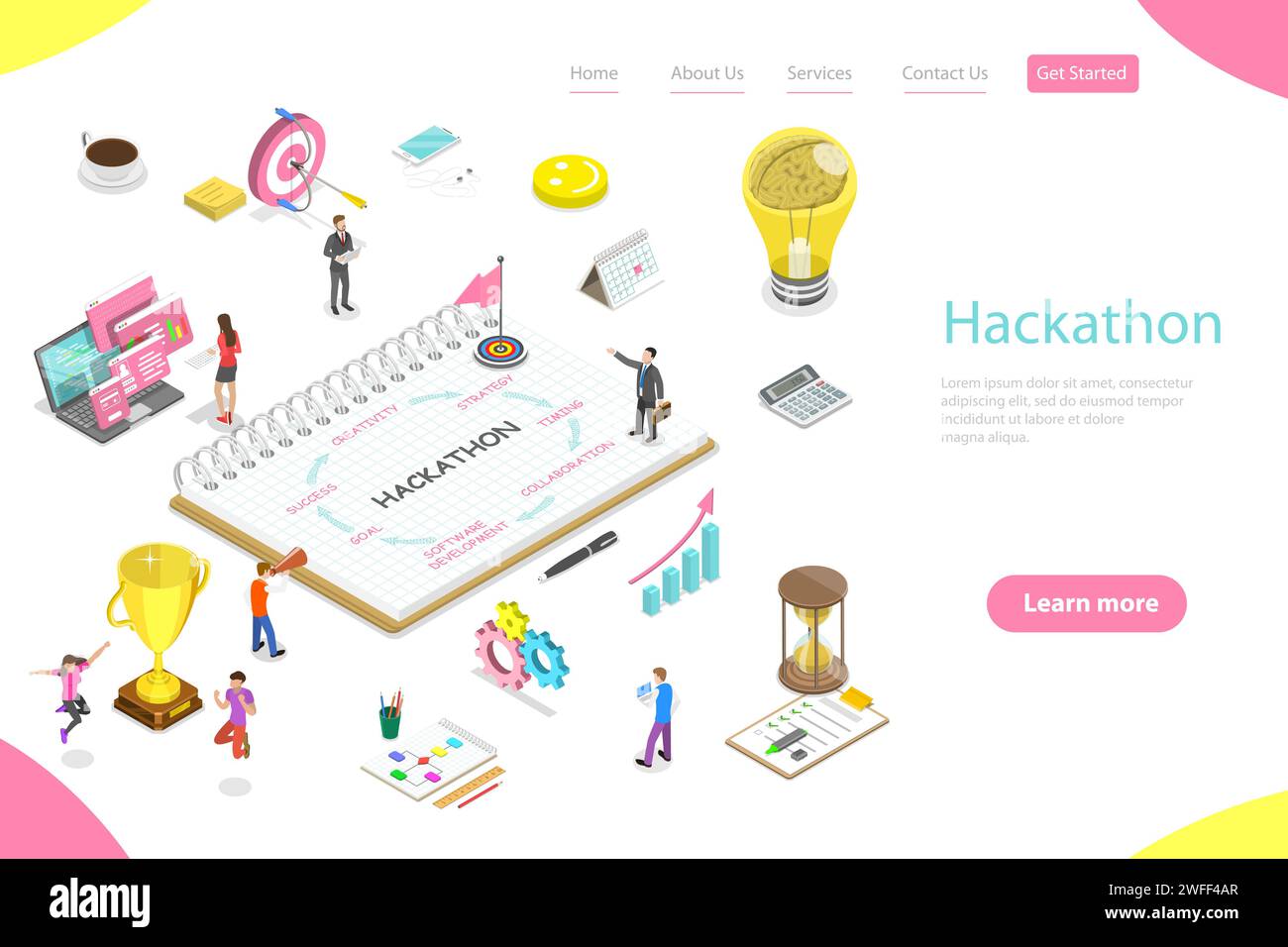 Isometric flat vector landing page template of parts of hackathon which are creativity, strategy, timing, collaboration, software development, goal, s Stock Vector