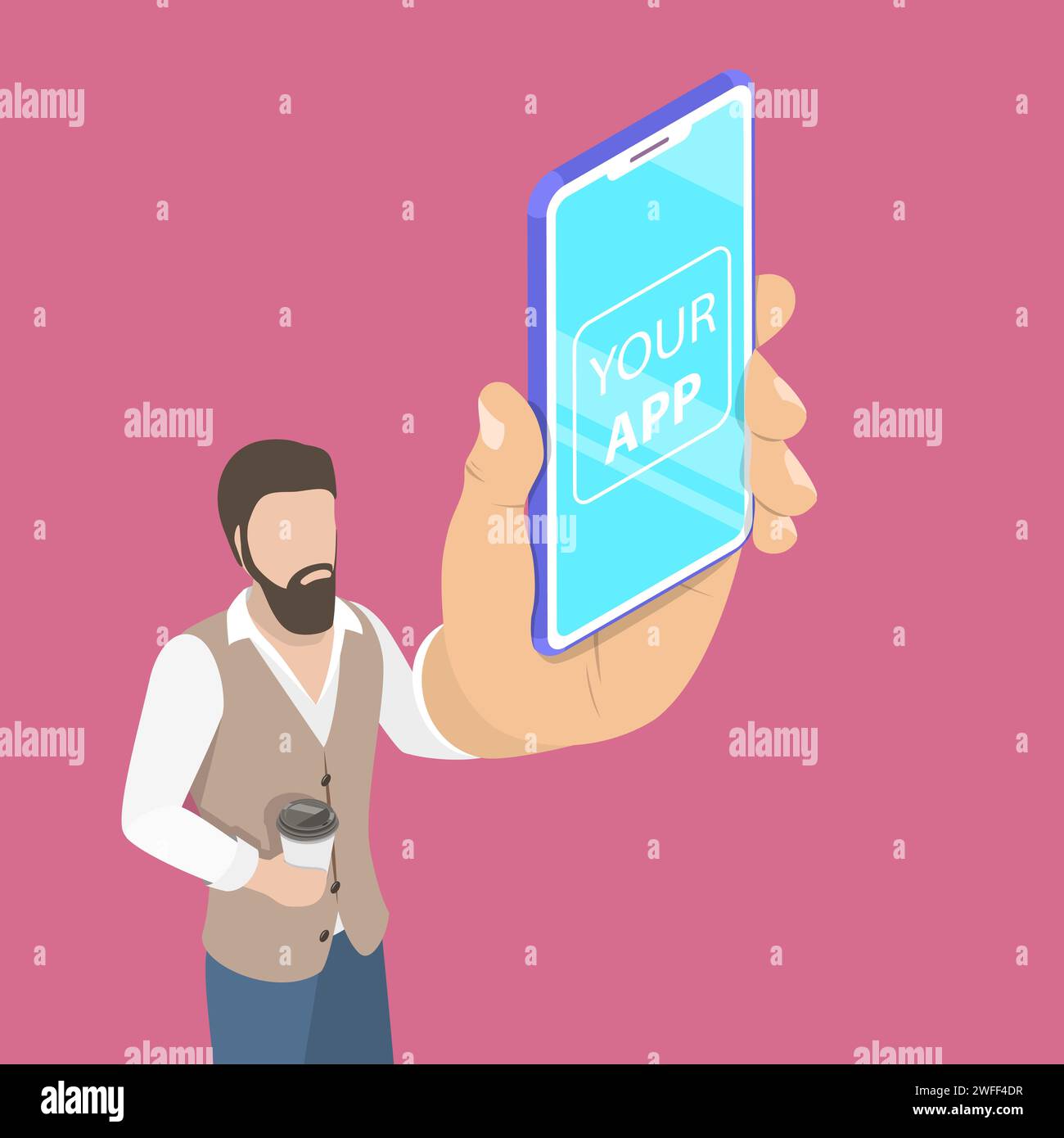 Flat isometric vector concept of mobile app launch, startup idea, mobile development. Stock Vector