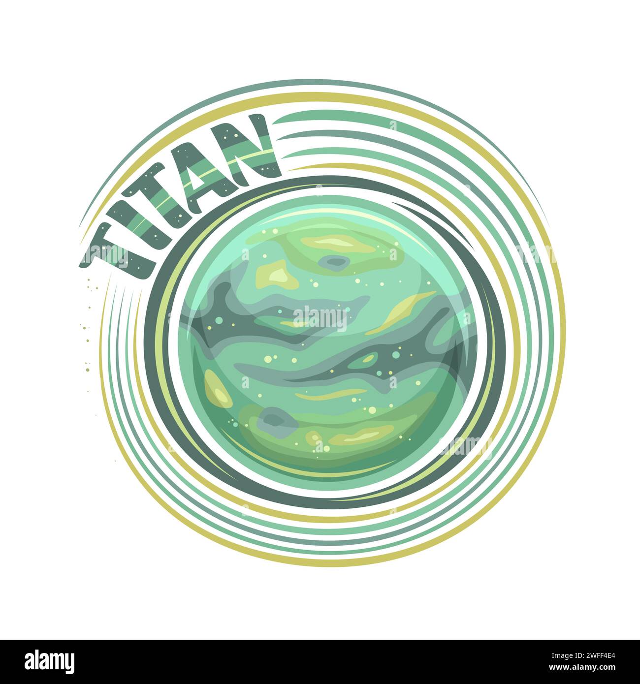 Vector logo for Titan Moon, decorative cosmic print with rotating satellite titan, gas surface with green cyclone and clouds, cosmo sticker with uniqu Stock Vector