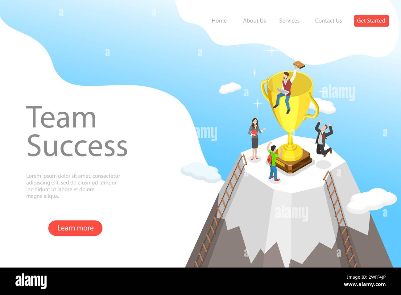 Flat isometric vector landing pate template of team success, effective ...