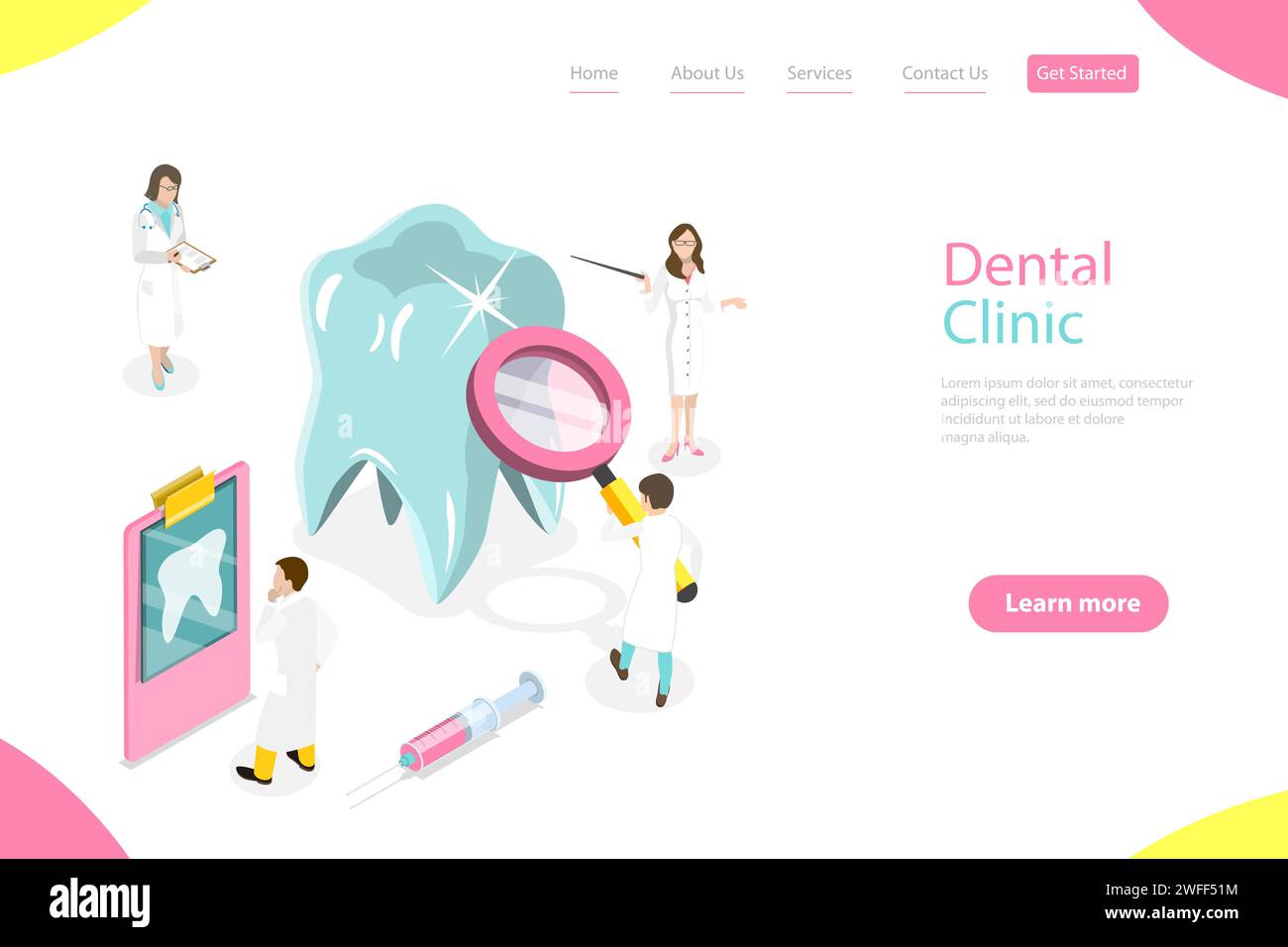 Isometric flat vector landing page template of dental checkup, prevention and treatment of tooth decay, healthy teeth. Stock Vector