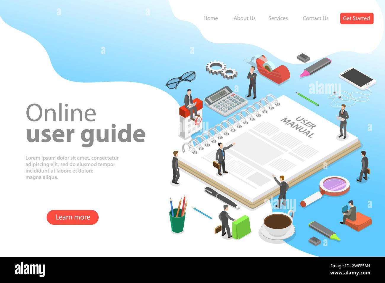 Isometric flat vector landing page template of user manual, guide, operating instractions, requirements and specifications document. Stock Vector