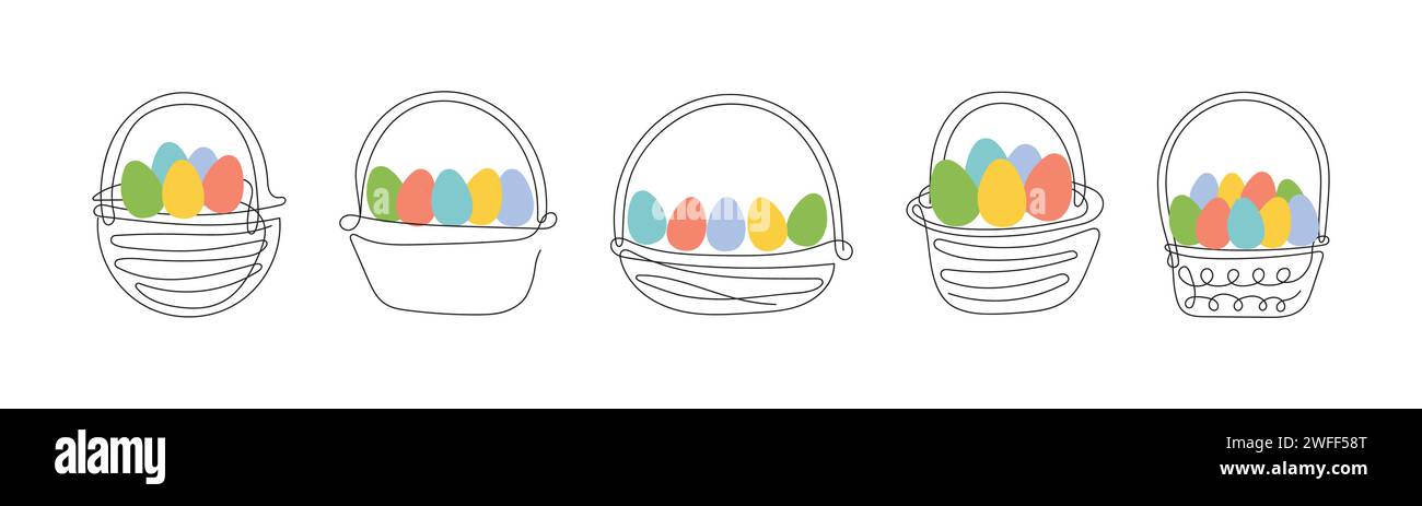 Set of wicker baskets with colorful Easter eggs. Continuous one line ...