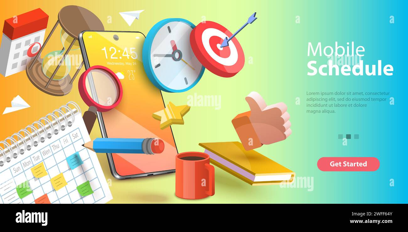 3D Vector Conceptual Illustration of Mobile Scheduling App, Online Time