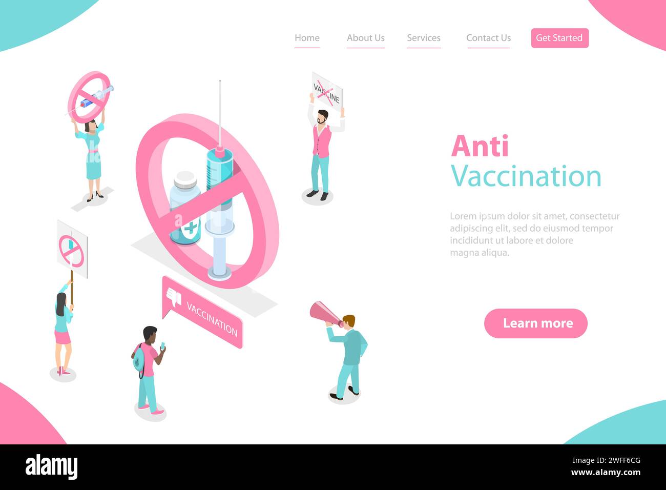 3D Isometric Flat Vector Landing Page Tamplate of Anti-vaccination, Preventive Medicine Rejecting, Anti-immunisation Campaign. Stock Vector