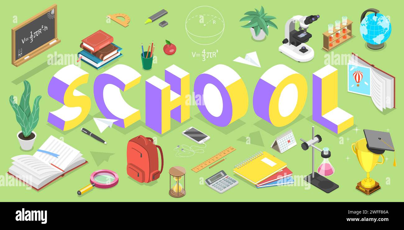 3D Isometric Flat Vector Concept of School Education, Back to Digital ...