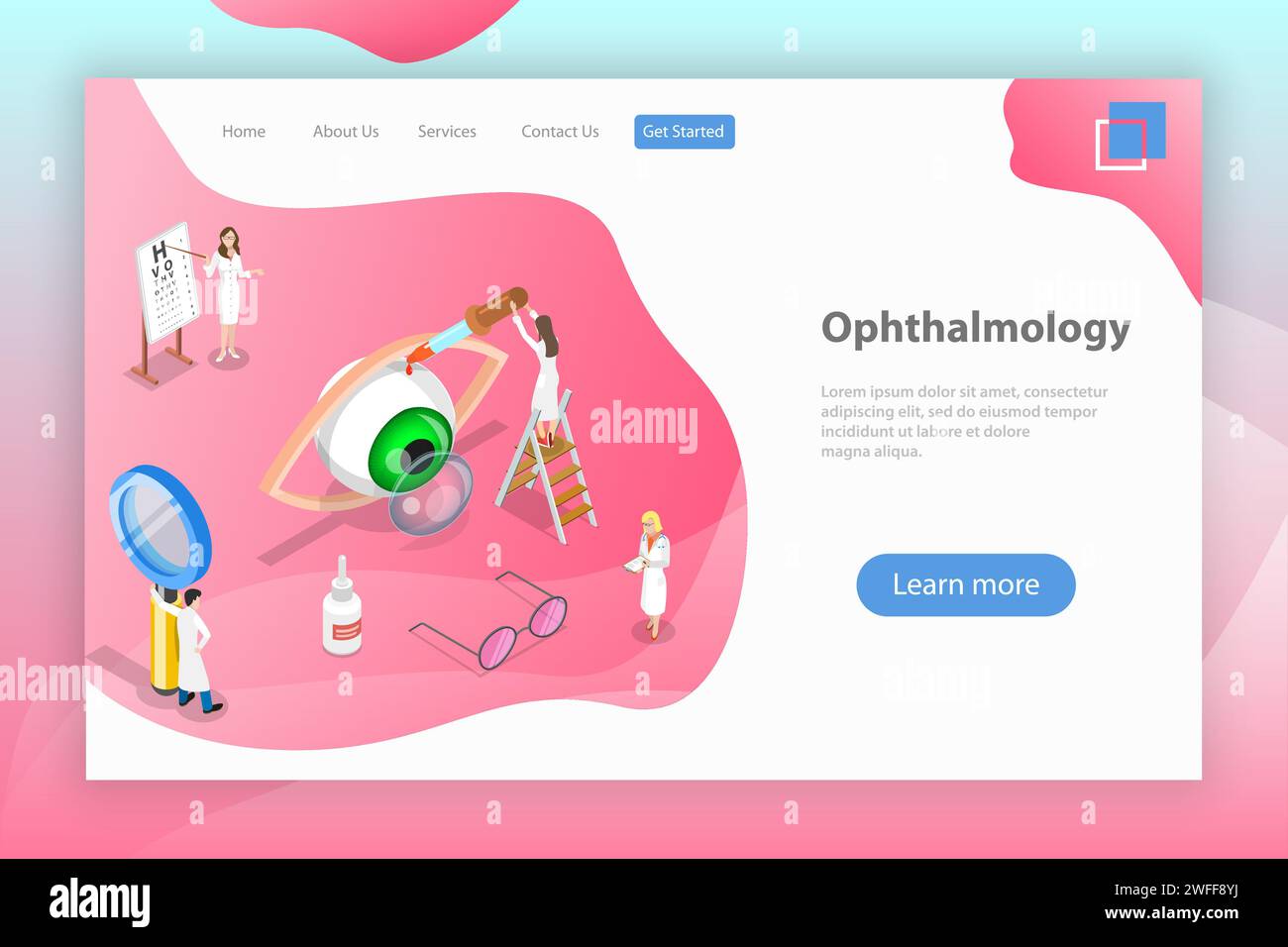 Isometric flat vector landing page template of ophthalmology, eyesight check up, eyes health care, ophthalmological examination. Stock Vector