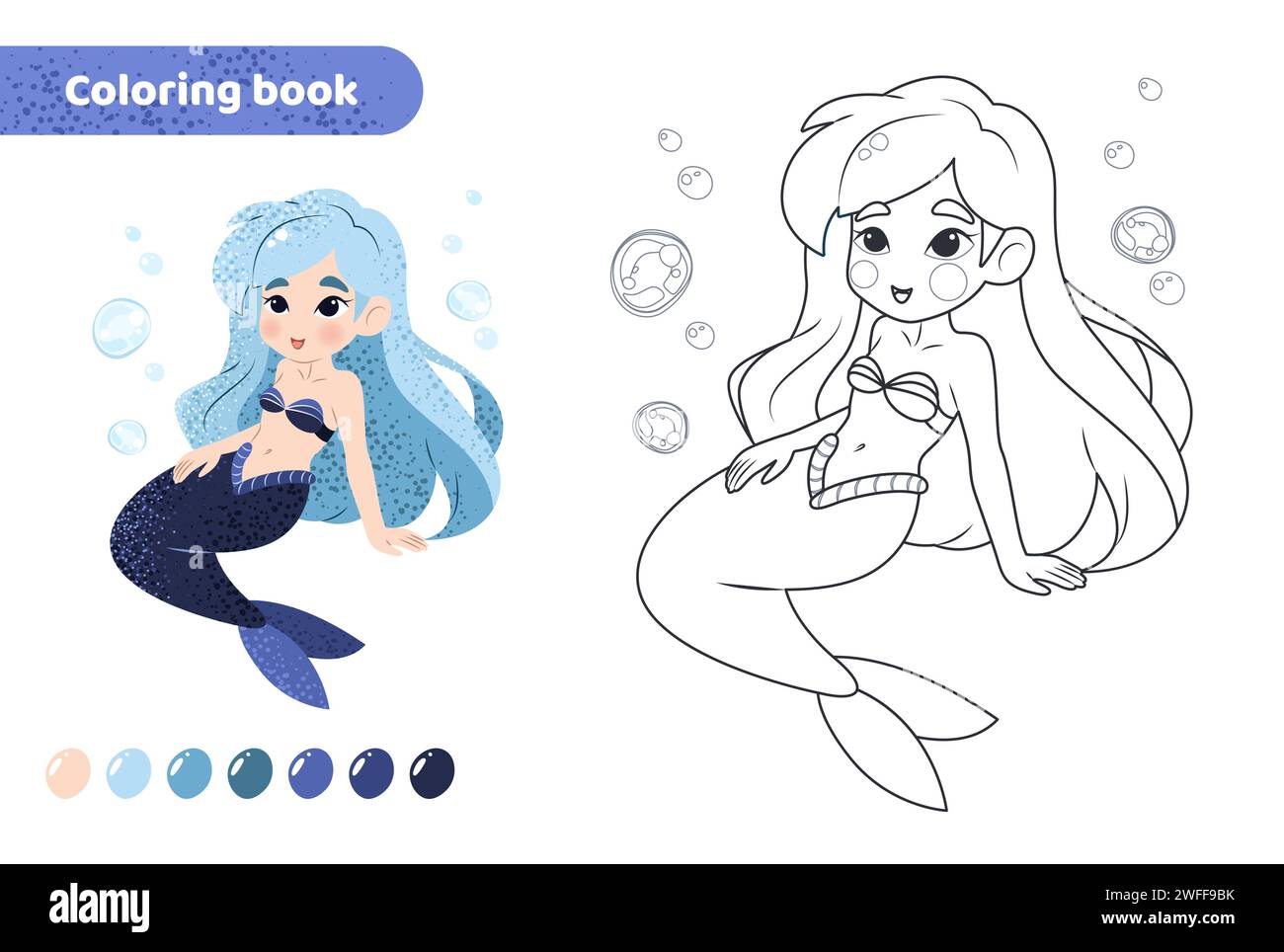 Coloring book for kids. Cute mermaid with bubbles. Stock Vector