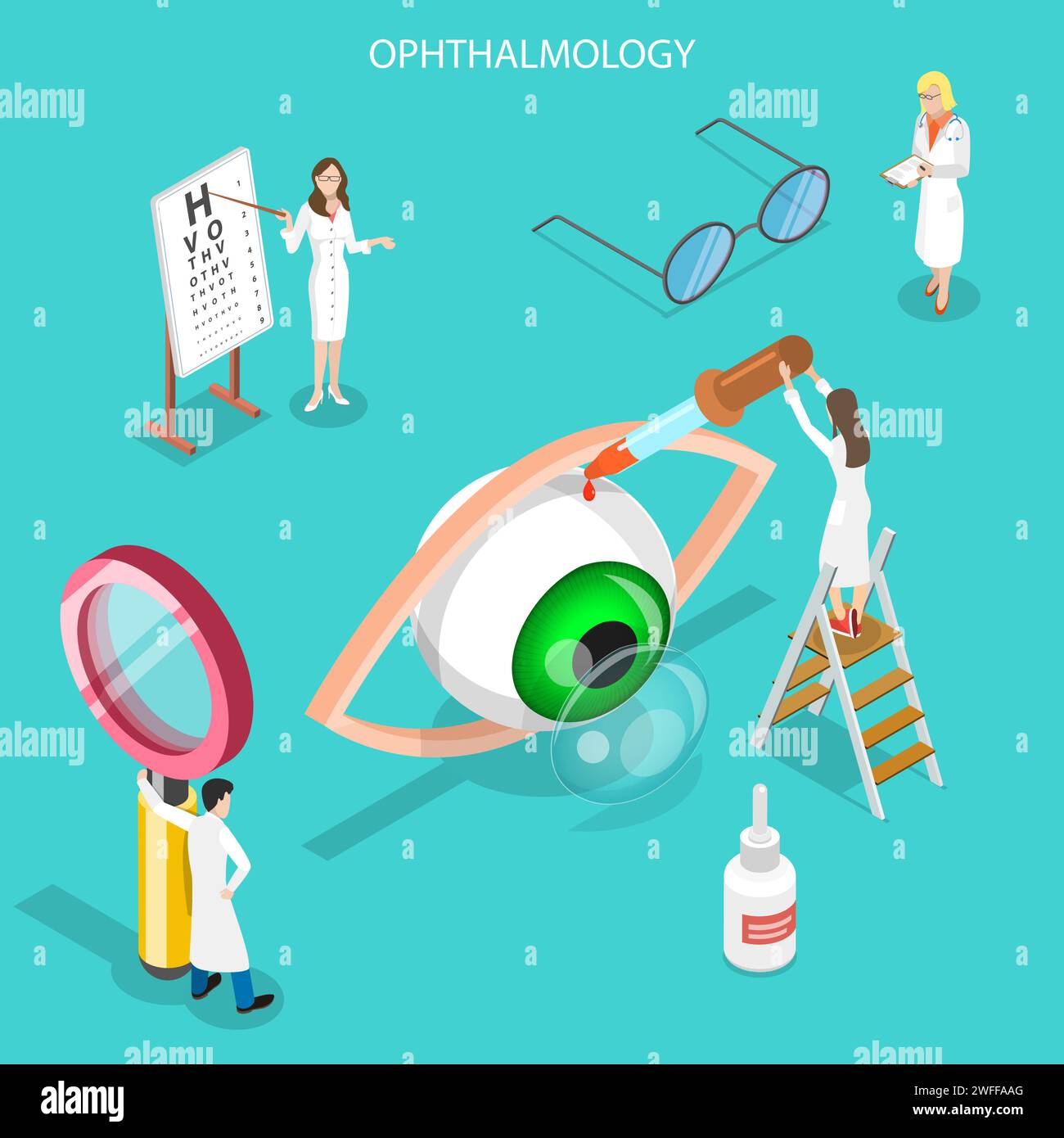 Isometric flat vector concept of ophthalmology, eyesight check up, eyes health care, ophthalmological examination. Stock Vector
