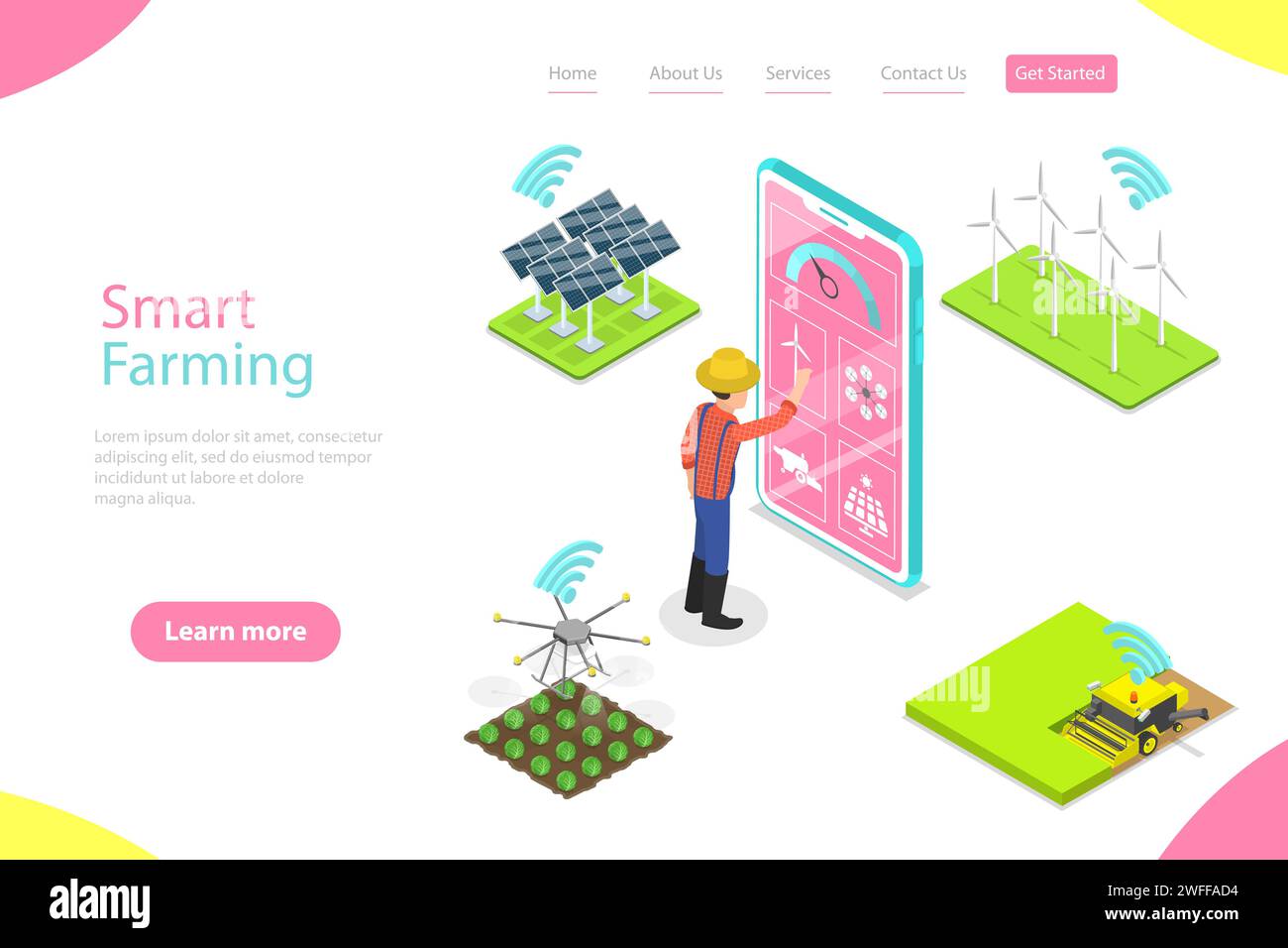 Isometric flat vector landing page template of smart farming, agricultural automation and robotics, farm data analysis and management. Stock Vector