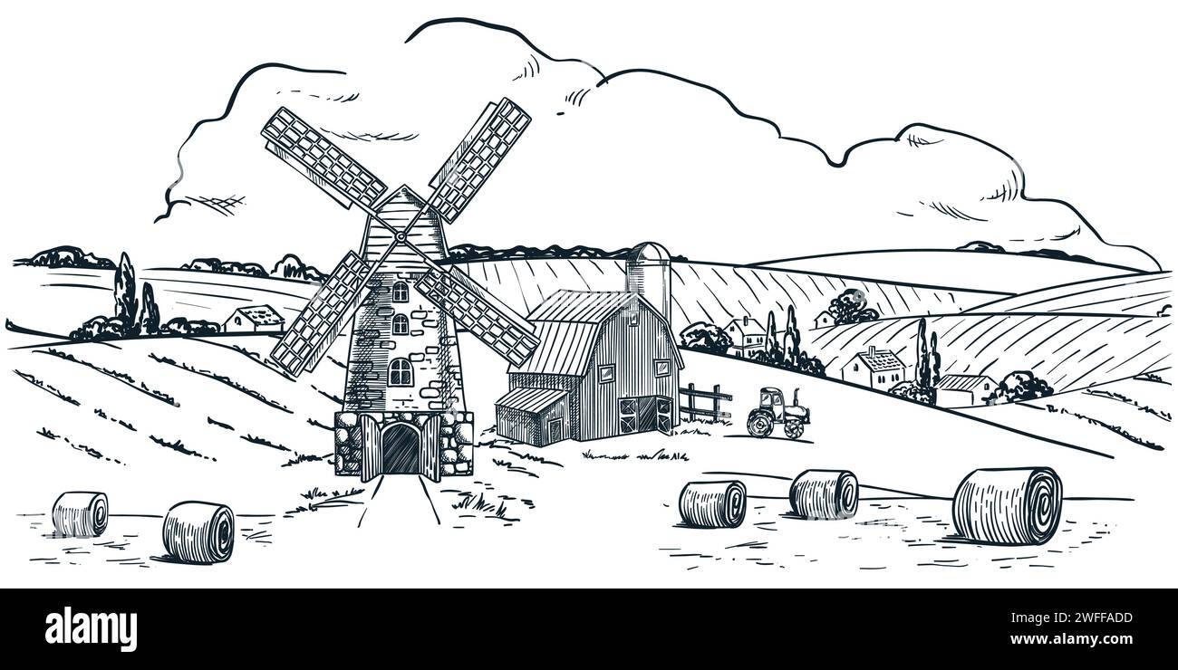 Rural landscape with mill, farm, harvest and wheat fields. Hand drawn sketch vector vintage illustration of countryside village. Farming and agricultu Stock Vector