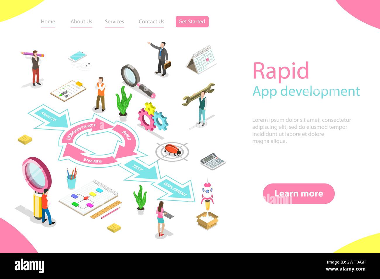 Isometric flat vector landing page tempate of rapid software application develompment model, RAD, engineering design approach with steps analysis, dem Stock Vector
