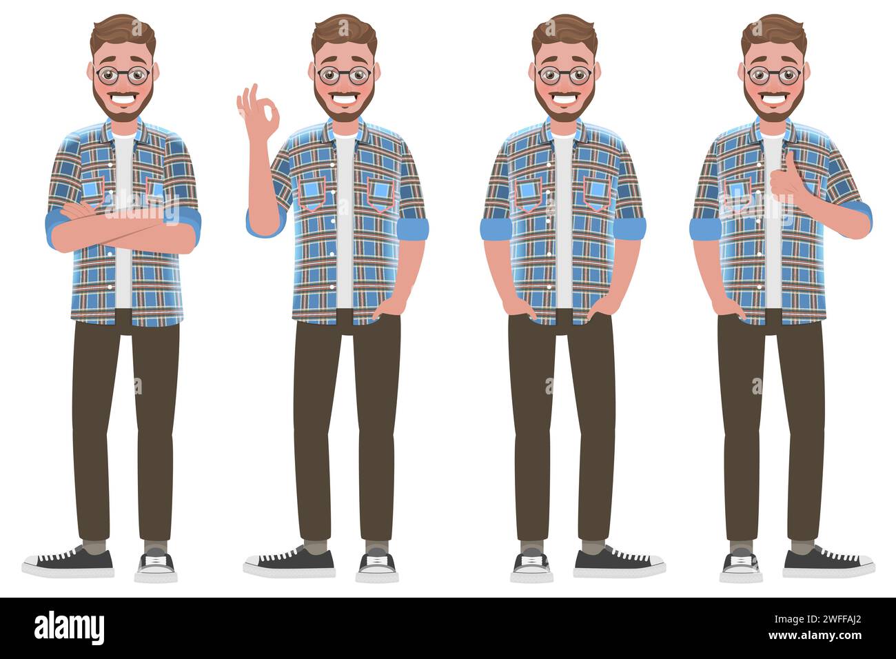 Smiling Position Set of Handsome Smiling Bearded Man in Various Positive Body Positions ...