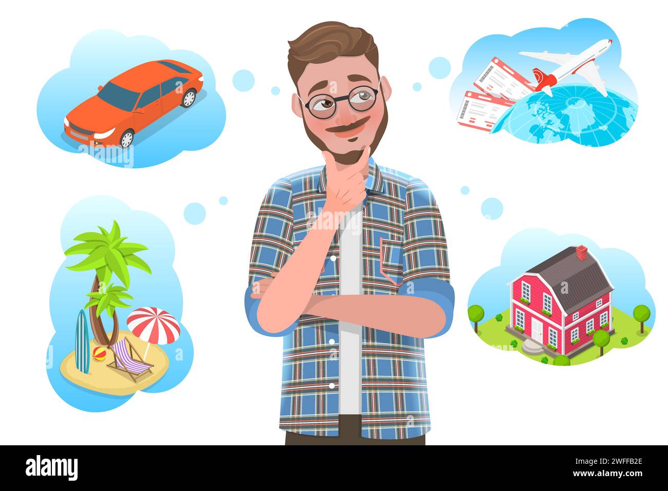 3D Isometric Flat Vector Conceptual Illustration of Man is Dreaming About Car, Sea Vacation, Trip Around the World and House. Stock Vector