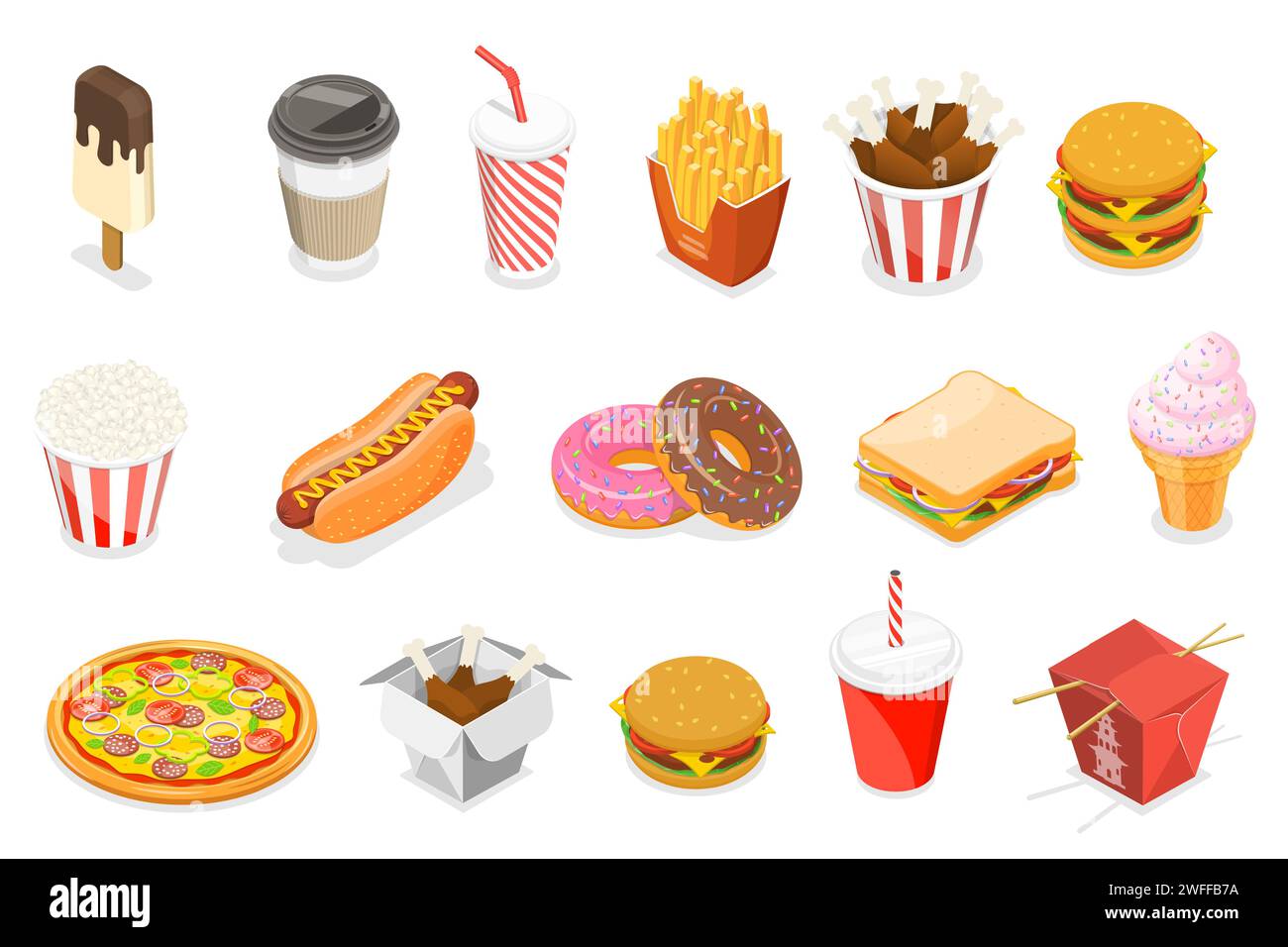 3D Isometric Flat Vector Icon Set as Hot Dog, Donut, Ice Cream, Pizza, French Fries, Coffee, Soda, Chicken Bucket, Sandwich, Asian Food. Stock Vector
